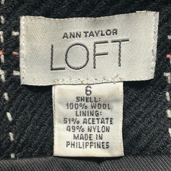 Ann Taylor LOFT Black Long Wool Peacoat White Pink Checkered Stitching Sz 6 - Picture 9 of 10